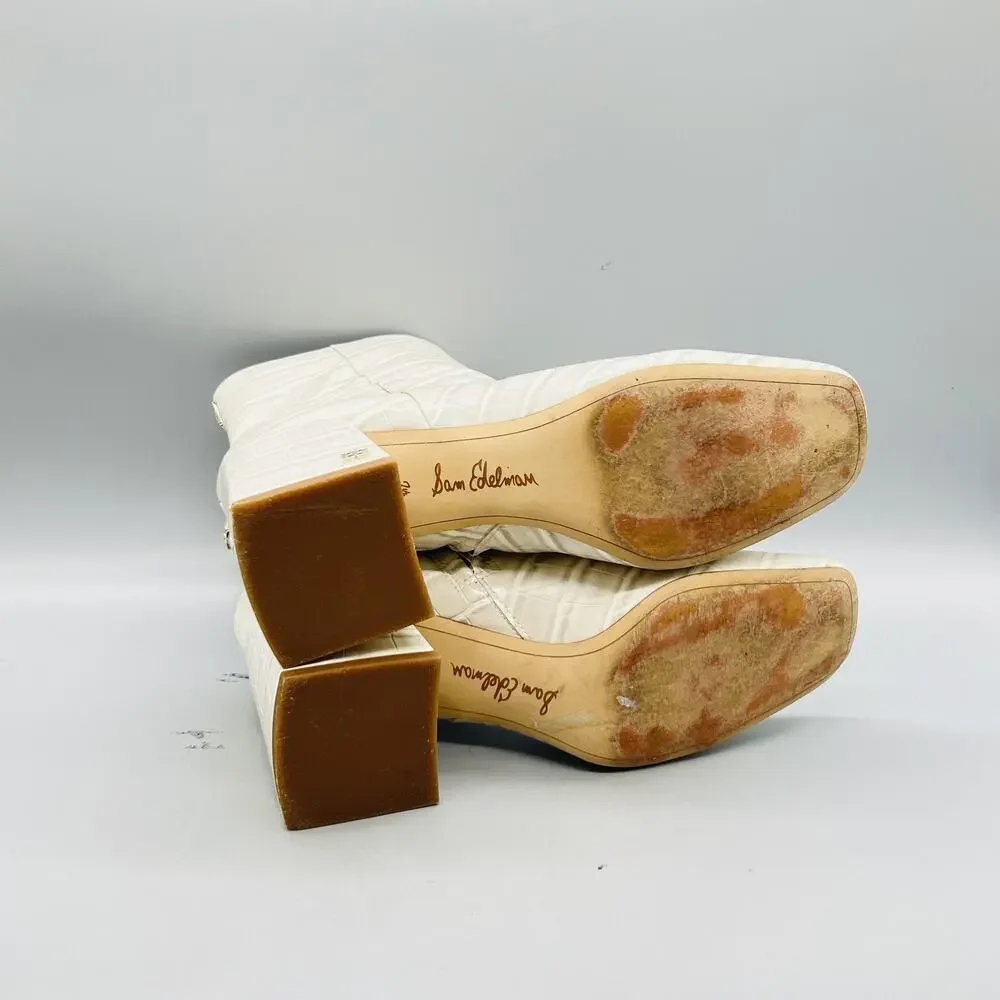 Sam Edelman Boots Womens 7.5 White Croc Embossed Leather Ankle Zip Block Heel